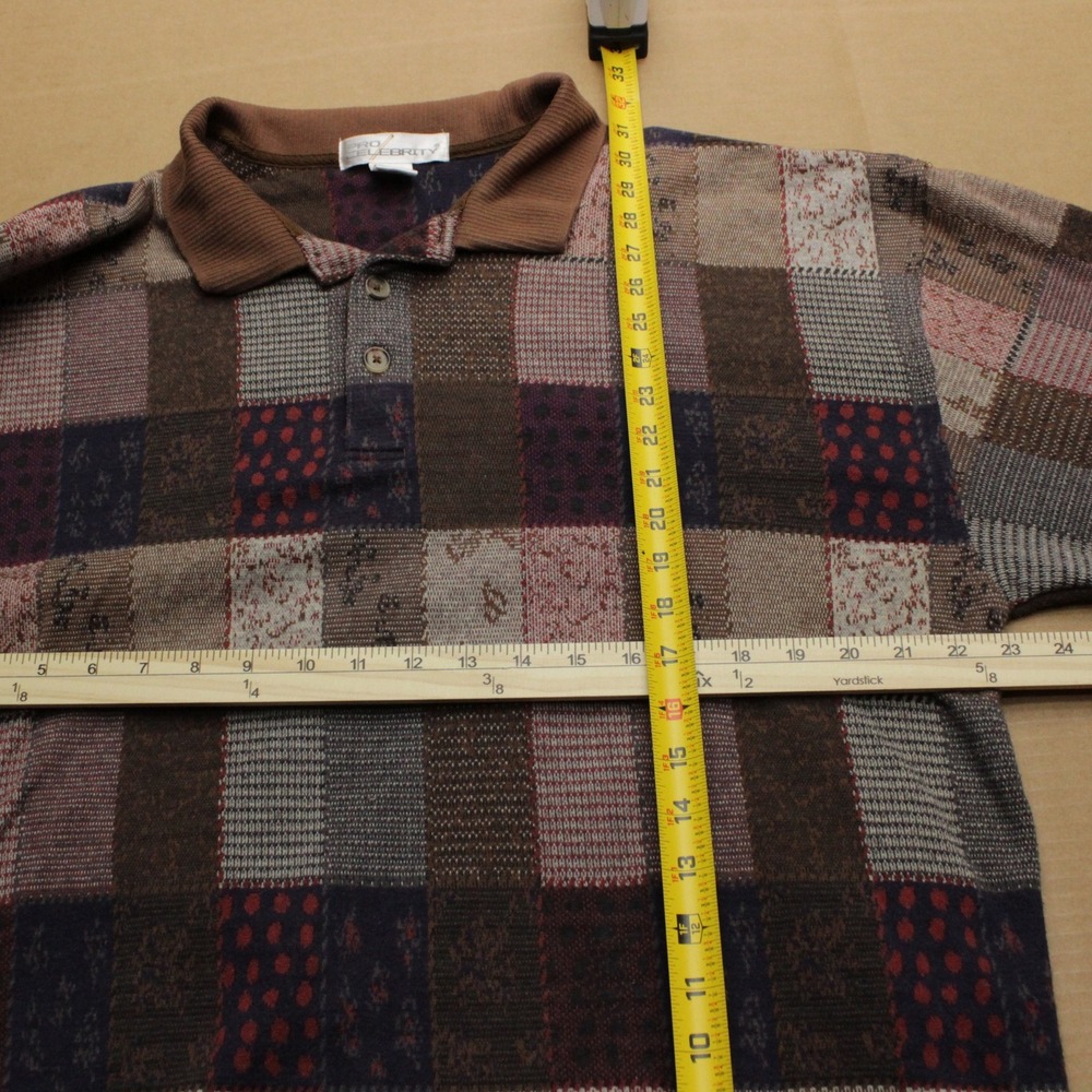 Vintage Pro Celebrity Long Sleeve Knit Polo Shirt Mens L Brown Patchwork Warm - Picture 5 of 6